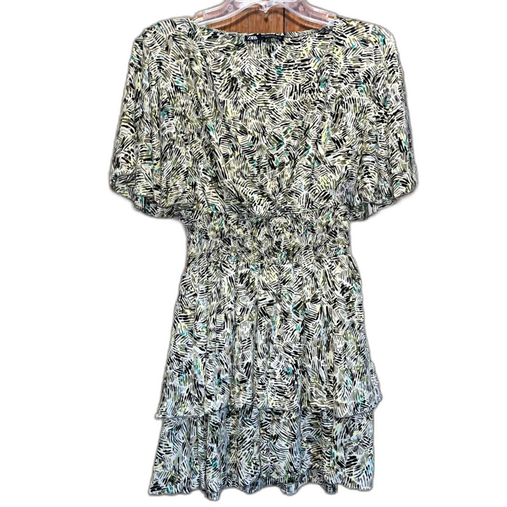 Zara XS Green Brown Dress Neutrals Fit and Flare Ditsy Vacation Tropical